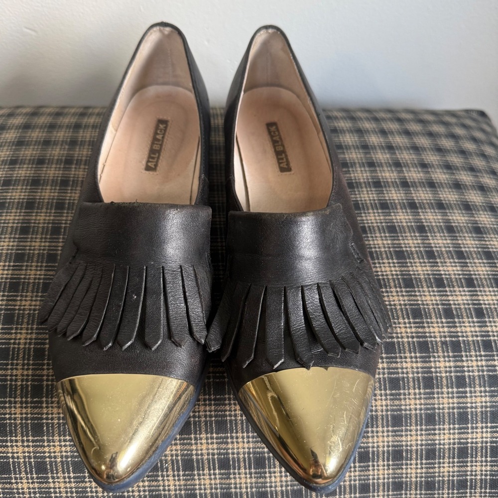 ALL BLACK‎ Kiltie Fringe Gold Metal Toe Pointed Loafer Size 37 Black